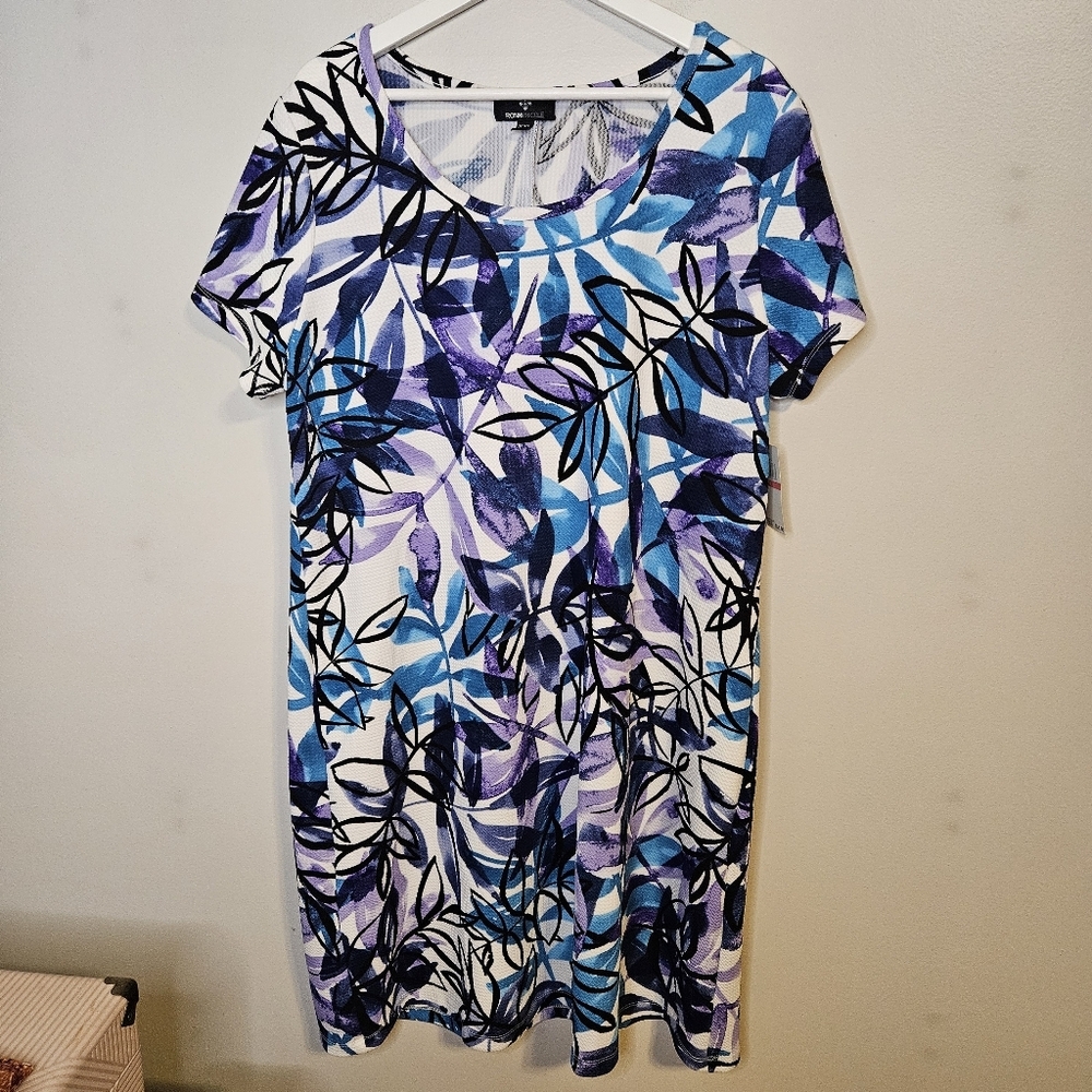 NWT Ronni Nicole Abstract Leaf Print Dress White Multicolor Textured Plus Size